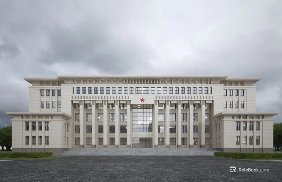 Neoclassical Office Building With Symmetrical Columned Facade Grand Entrance And Large Windows 3d model 