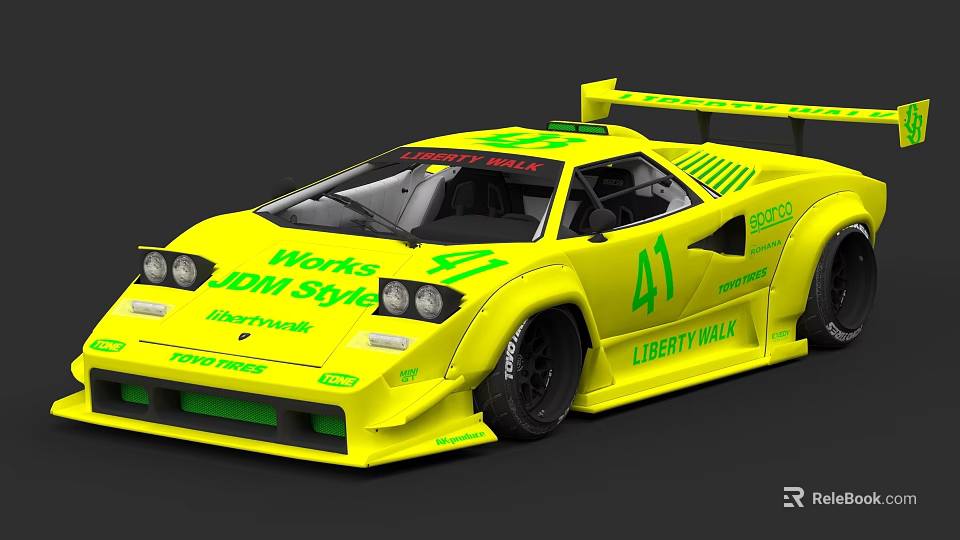 Yellow Racing Car With Works JDM Style Liberty Walk Number 41 Aerodynamic Design 3d model 