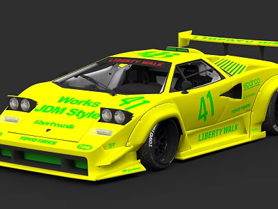 Yellow Racing Car With Works JDM Style Liberty Walk Number 41 Aerodynamic Design 3d model