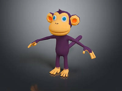 Purple Cartoon Monkey 3D Model With Blue Eyes And Orange Limbs On Black Background 3d model
