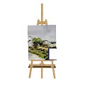 Wooden Easel with Landscape Painting and Art Supplies Including Drawing Board for Creative Artists