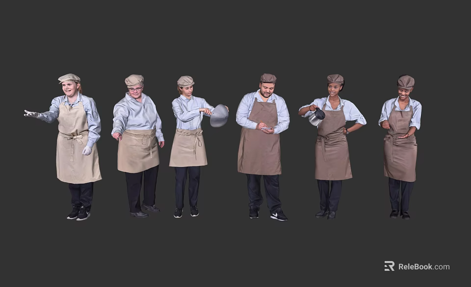 Six Kitchen Staff in Aprons and Caps Holding Pots and Cooking Utensils 3d model 