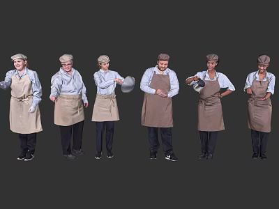 Six Kitchen Staff in Aprons and Caps Holding Pots and Cooking Utensils 3d model