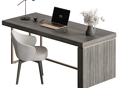 Modern Wooden Desk with Laptop Lamp Coffee Cup Dried Flower Vase and Comfortable Chair 3d model