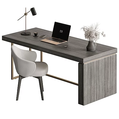 Modern Wooden Desk with Laptop Lamp Coffee Cup Dried Flower Vase and Comfortable Chair 3d model