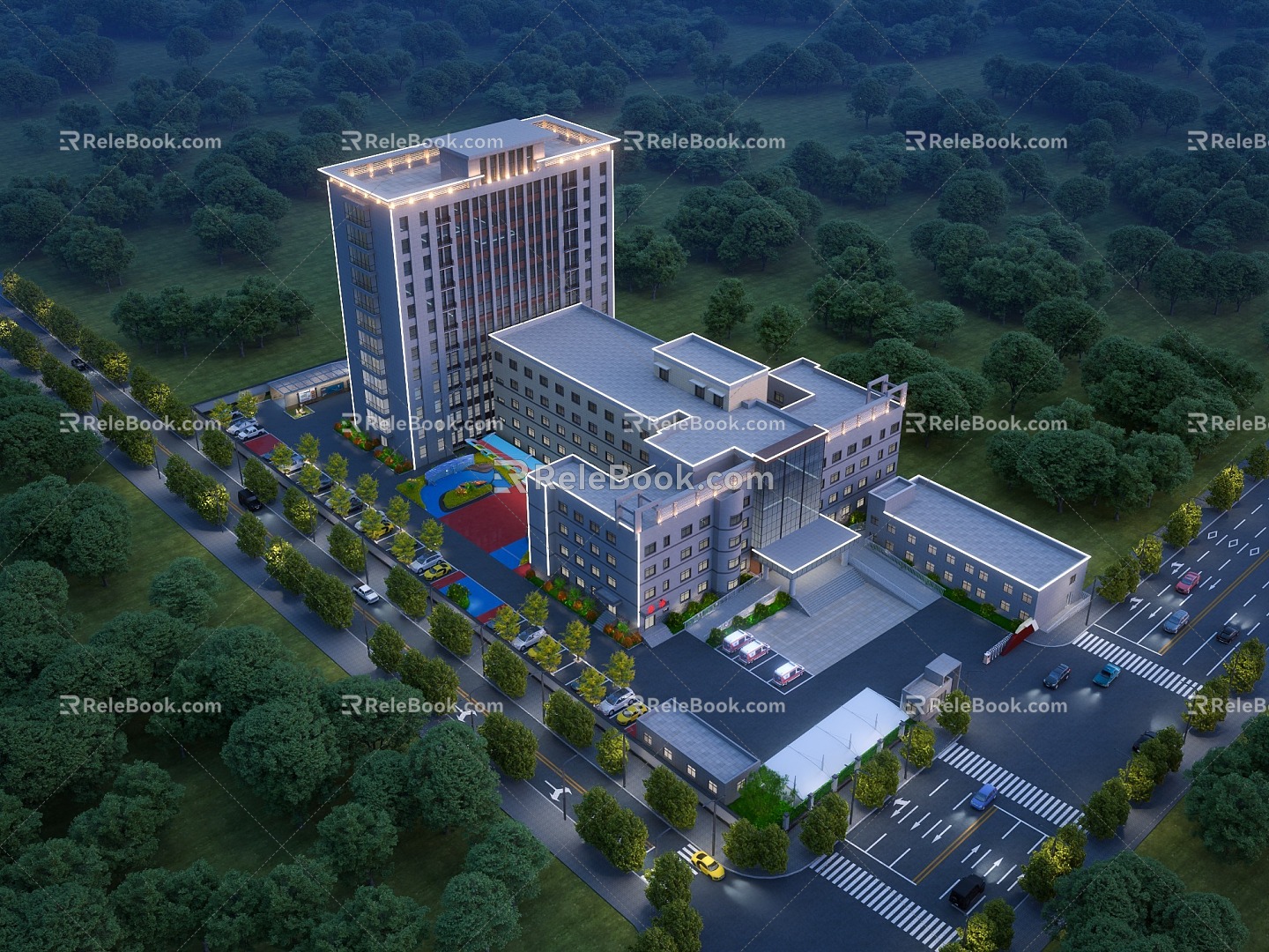 Modern Hospital Architecture Hospital Night View Bird's Eye View Hospital Lighting Building Night View Building Hospital Appearance Ambulance 3d model