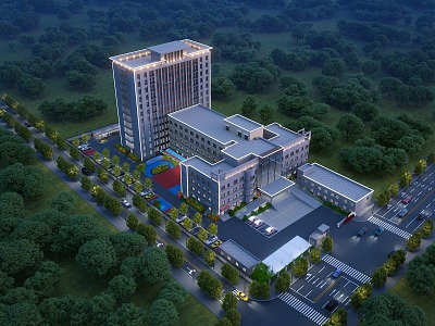 Modern Hospital Architecture Hospital Night View Bird's Eye View Hospital Lighting Building Night View Building Hospital Appearance Ambulance 3d model