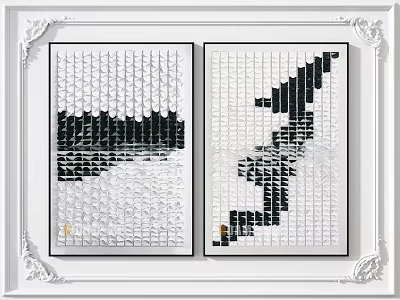 Black And White Abstract Art Pieces In White Ornate Frames With Geometric Patterns 3d model