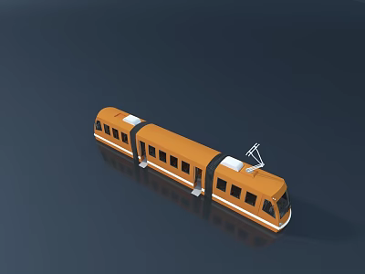 Orange Model Train with Two Carriages Antenna on Top on Dark Background Showing Reflection 3d model