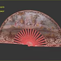 Decorative Fan Shaped Pendant With Hand Painted Figures And Intricate Metal Patterns