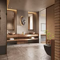 Elegant Modern Hotel Bathroom Interior With Wooden Vanity Double Sinks Mirrors And Potted Plant