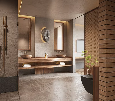 Elegant Modern Hotel Bathroom Interior With Wooden Vanity Double Sinks Mirrors And Potted Plant 3d model