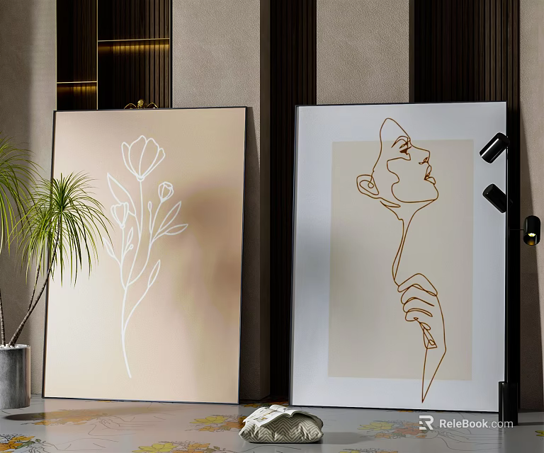 Modern Interior Decor With Floral And Portrait Line Art Wall Paintings And Green Plant 3d model 