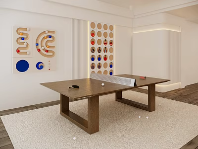 Modern Ping Pong Table With Paddles Balls And Sports Wall Decorations In Room 3d model