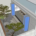 Modern Courtyard Garden Landscape With Wooden Slat Fence Pine Tree And Stone Path