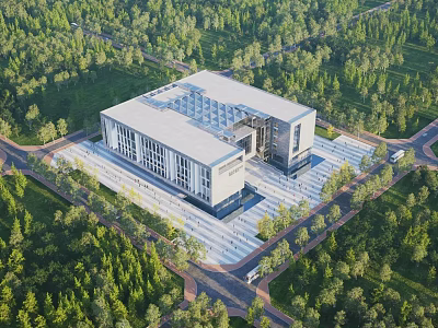 Modern Office Building with Glass Facade Spacious Entrance and Lush Green Surroundings 3d model