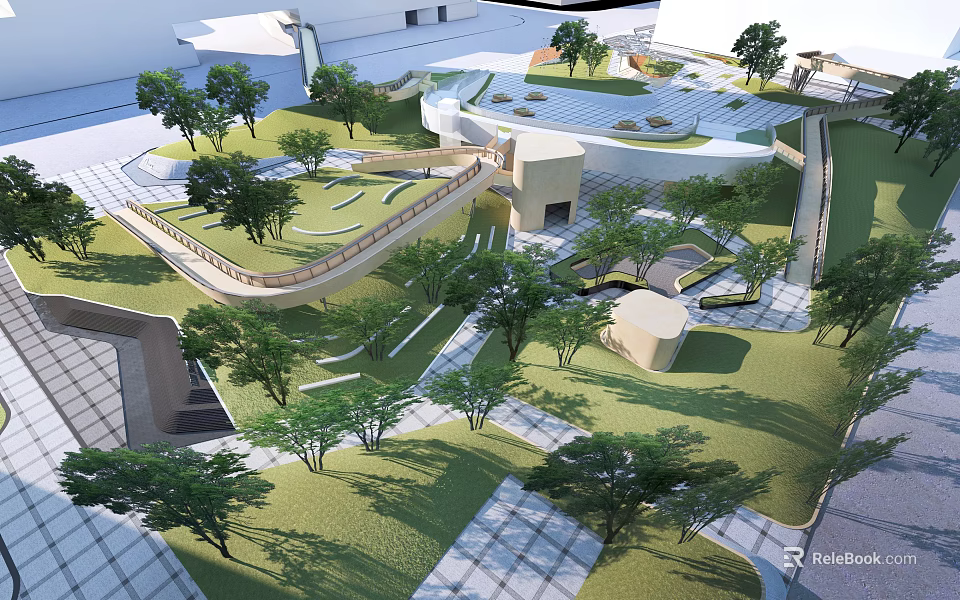Modern Park Landscape Design With Lush Trees Green Lawns And Walking Paths 3d model 