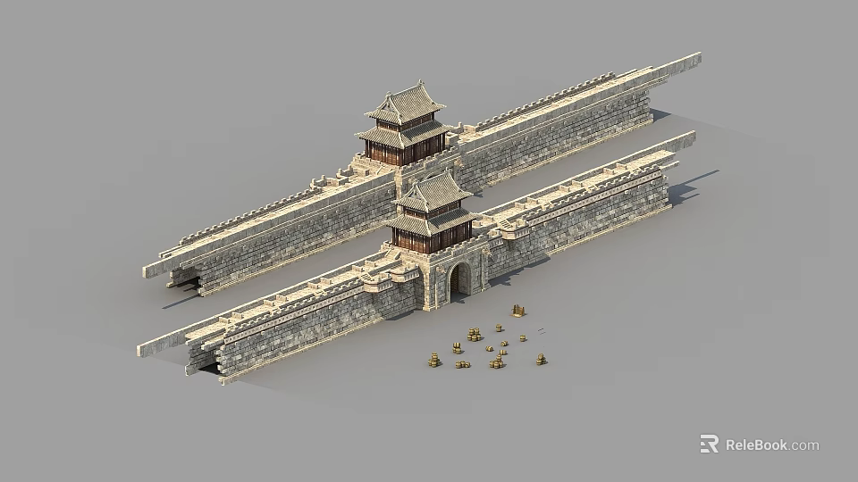 Ancient City Wall With Traditional Watchtowers And Small Soldier Figures 3d model 