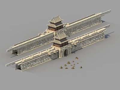 Ancient City Wall With Traditional Watchtowers And Small Soldier Figures 3d model
