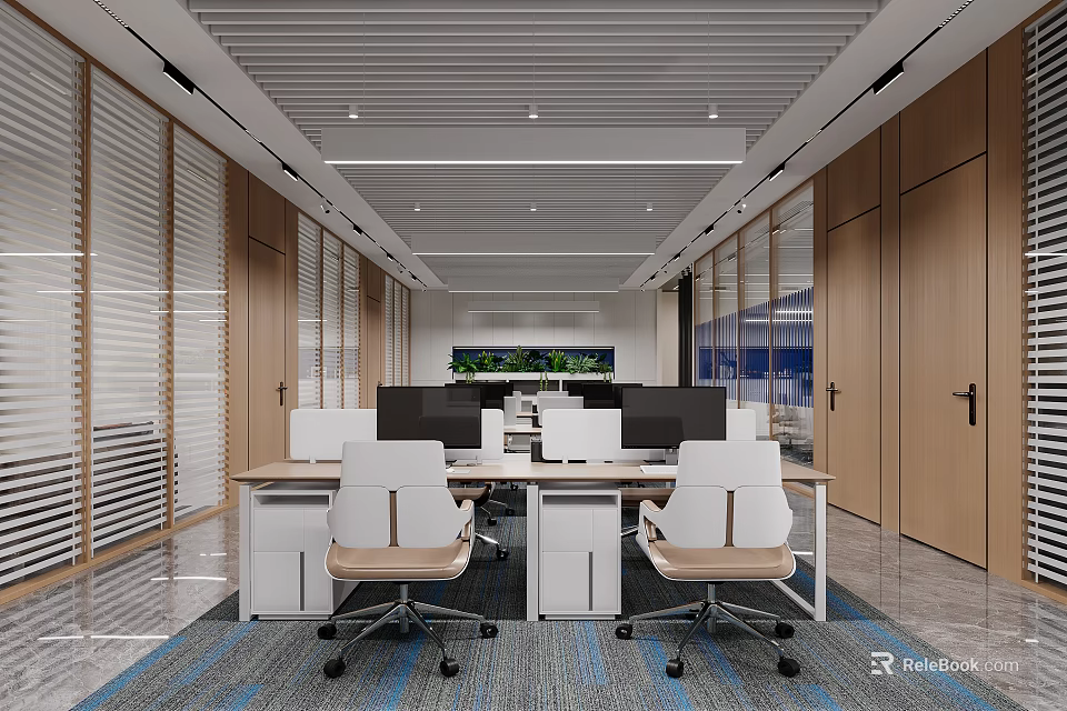 Spacious Modern Public Office Space With Long Desks White Office Chairs Computers Wooden Walls Blinds 3d model 