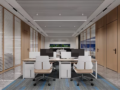 Spacious Modern Public Office Space With Long Desks White Office Chairs Computers Wooden Walls Blinds 3d model