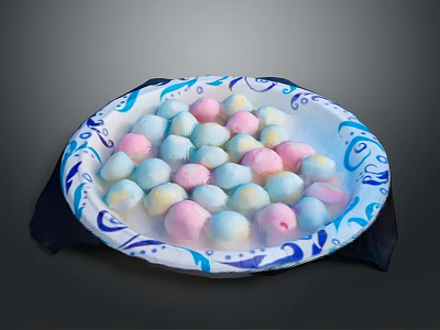 Colorful Marshmallows Arranged in Blue and White Patterned Plate on Dark Surface 3d model