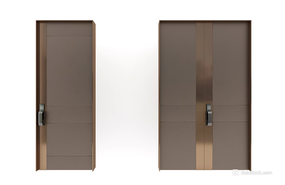 Modern Brown Security Door Design With Metal Strips And Secure Lock System 3d model 