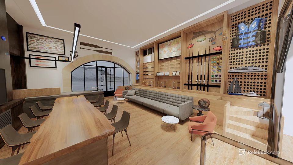 Warm Lounge Area Interior Featuring Wooden Table Sofa Chairs And Decorative Paintings 3d model 