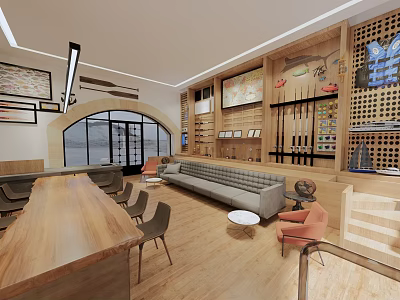 Warm Lounge Area Interior Featuring Wooden Table Sofa Chairs And Decorative Paintings 3d model
