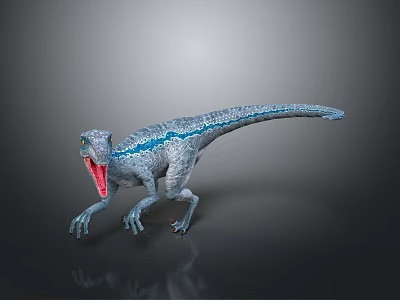 Realistic Gray Dinosaur Model With Blue Stripes Open Mouth Red Interior 3d model