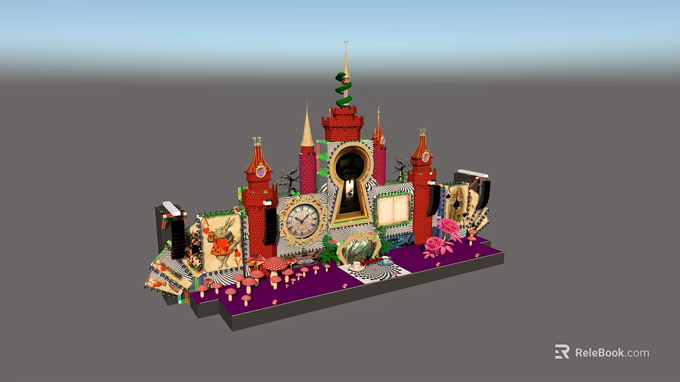 Colorful Decorative Display Set With Towers Clocks Pink Elements For Home Party Event Decor 3d model 