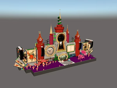 Colorful Decorative Display Set With Towers Clocks Pink Elements For Home Party Event Decor 3d model