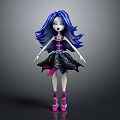 Fashion Doll Character with Blue and Purple Long Hair Black Sequined Dress and Pink Boots