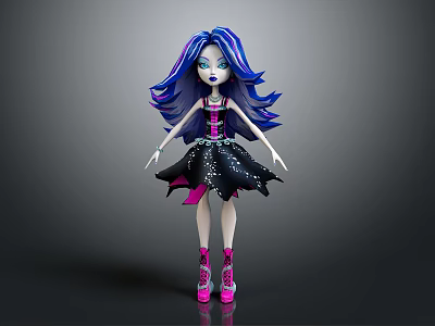 Fashion Doll Character with Blue and Purple Long Hair Black Sequined Dress and Pink Boots 3d model