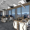 Modern Public Office Space With Desks Computers Large Windows And City View 3d model
