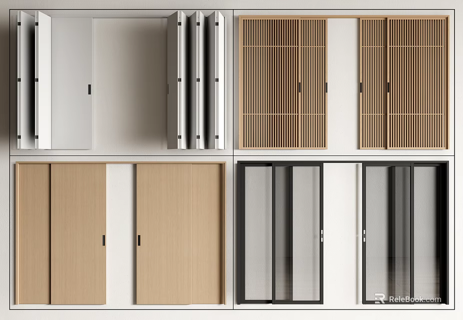 Various Designs of Side Hinged Doors with Wooden Panels White Frames and Vertical Slat Details 3d model 