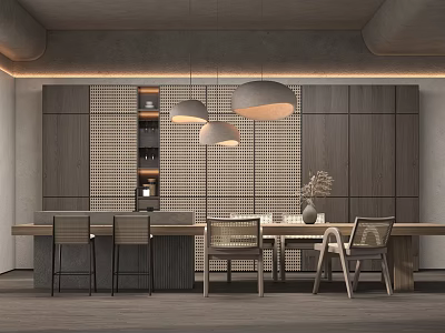 Modern Restaurant Interior Design With Wooden Wall Hanging Lamps Long Dining Table And Chairs 3d model