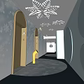 Hotel Corridor With Snowflake Decorations Arched Elevator Doors Circular Walls And Yellow Fire Hydrant 3d model