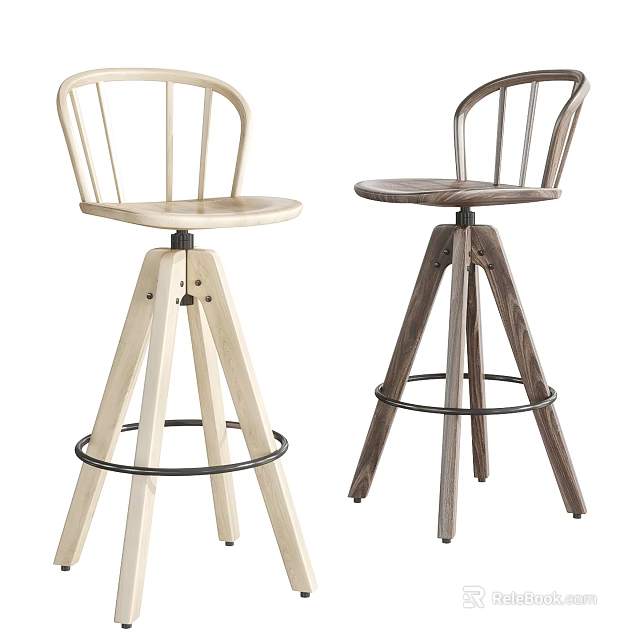 Wooden Bar Stools With Curved Backrest Tripod Base And Metal Ring In Different Colors 3d model 