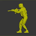 Woman In Green Shirt And Tactical Vest Holding Gun With Camouflage Pants On Gray Background
