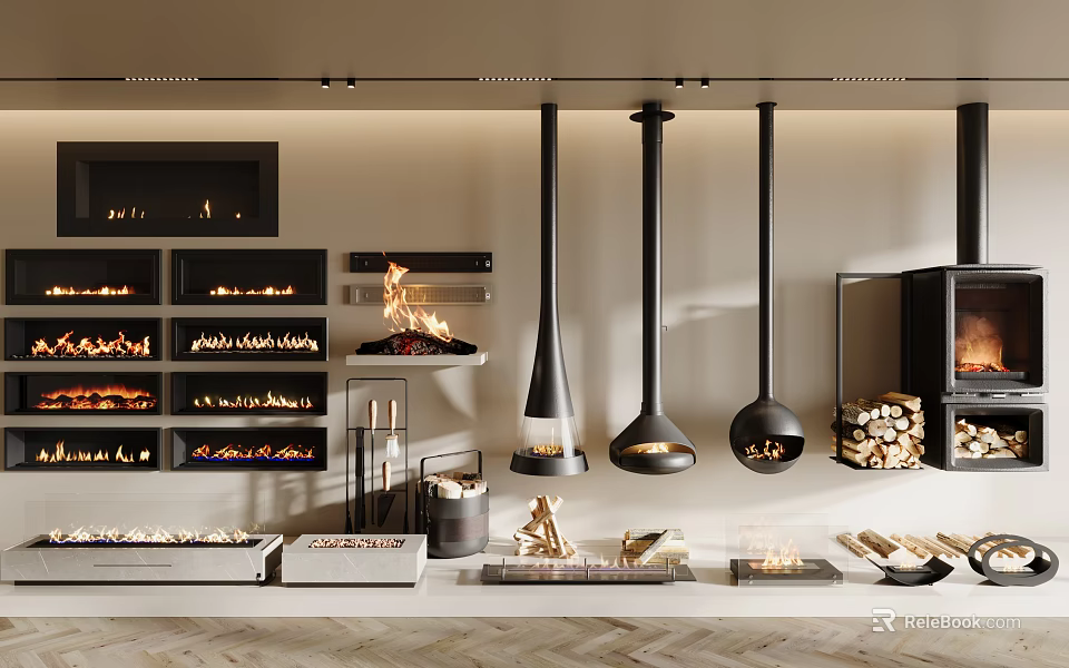 Various Fireplace Styles Including Hanging And Built In Designs With Firewood Stacks 3d model 
