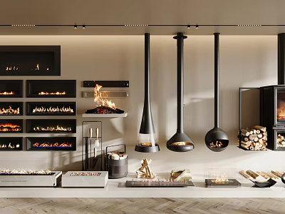 Various Fireplace Styles Including Hanging And Built In Designs With Firewood Stacks 3d model