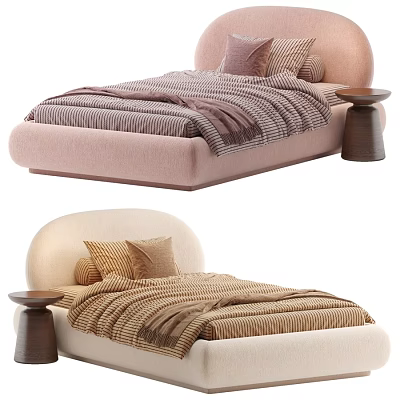 Pastel Pink And Beige Double Bed With Curved Headboard Striped Bedspread And Decorative Pillows 3d model
