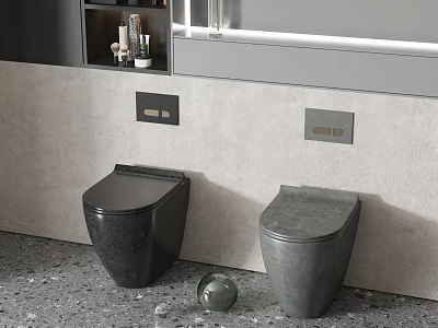 Modern Black and Gray Toilets with Wall Control Panels in Minimalist Bathroom 3d model