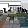 Modern Garden Landscape Design With White Building Green Plants Lawn Stone Path And Outdoor Seating