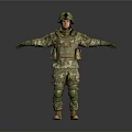 Military Soldier In Camouflage Uniform With Helmet Knee Pads Arms Outstretched Against Gray Background