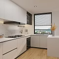 Modern Kitchen Interior with Black and White Cabinets Marble Countertop Island and Bar Stools