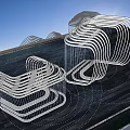 Modern Landscape Sculpture With Metal Curved Design And Mountain Background Circular Ground Decoration