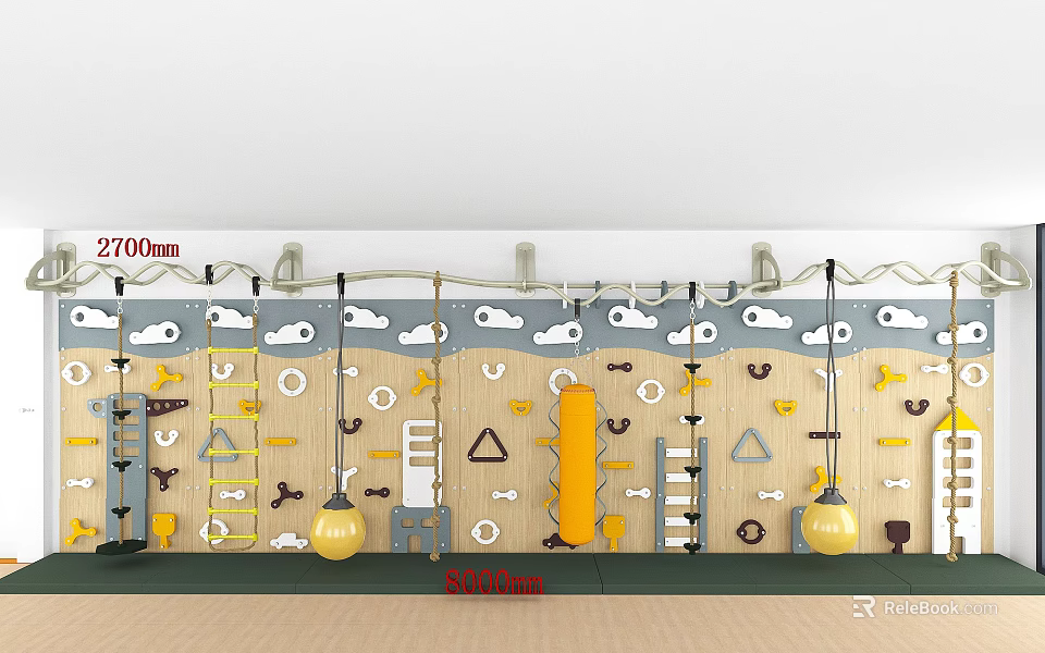 Kindergarten Indoor Climbing Wall With Wooden Surface Cloud Decorations And Play Elements 3d model 
