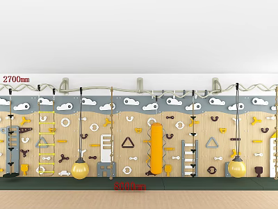 Kindergarten Indoor Climbing Wall With Wooden Surface Cloud Decorations And Play Elements 3d model
